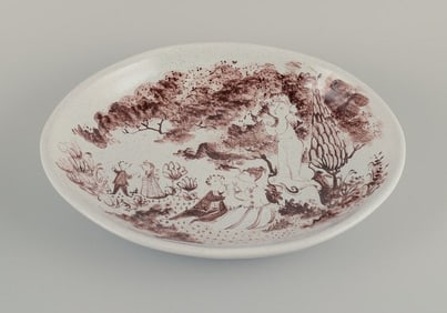 Bjørn Wiinblad, large, early unique hand-painted dish decorated with romantic scenery in a