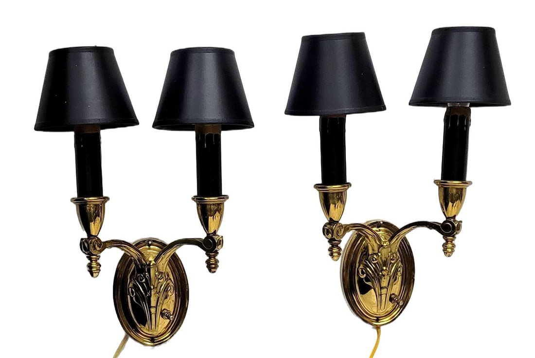 Vintage Pair Dual Arm Wall Sconce Solid Brass Lights Neoclassical 1930's with Black Chandelier (1 of 10)