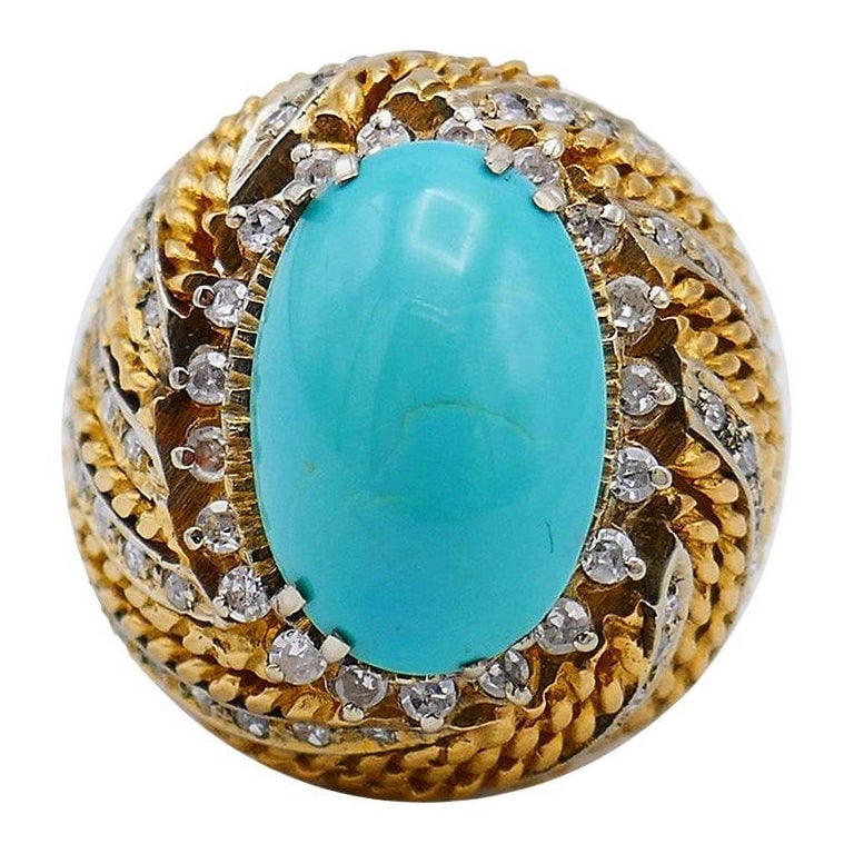 Vintage Turquoise Ring 18k Gold Diamond French Estate Jewelry Signed SC (1 of 20)