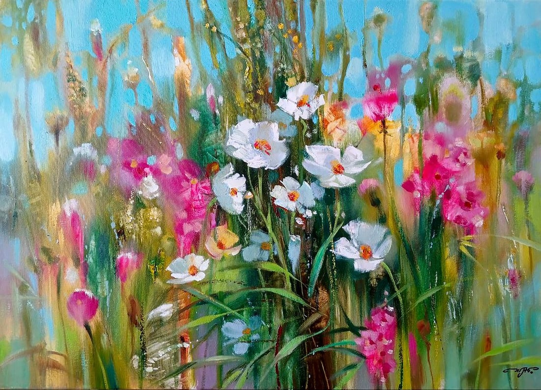 Abstract oil painting Wildflowers Anatoly Tarabanov: №Tar 359 "Wildflowers" is a vibrant and textured oil painting that celebrates the unstructured beauty of nature. The canvas is filled with a lush array of wildflowers, depicted with a mixture of