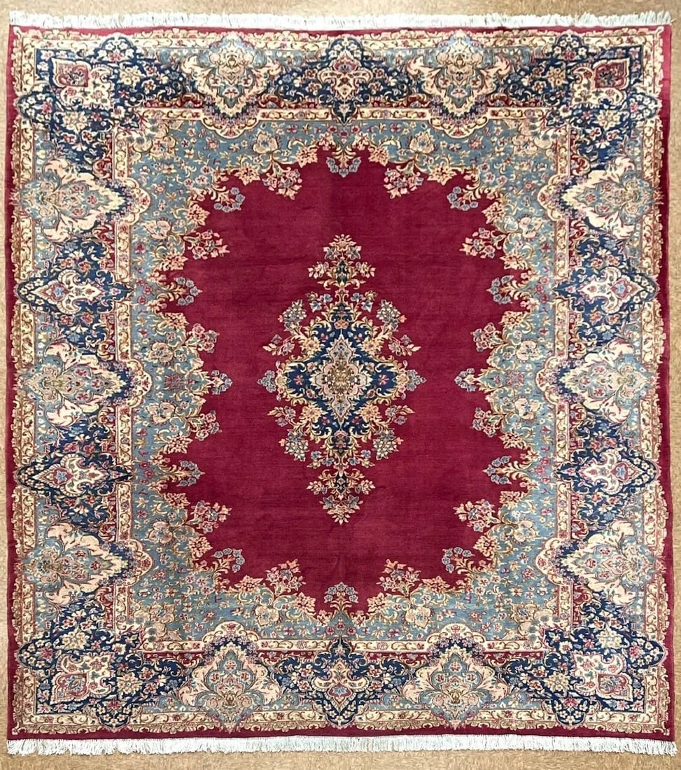 Persian Kerman Hand Knotted Red Blue Wool Oriental Area Rug Carpet 8'10" x 11'11" (1 of 11)