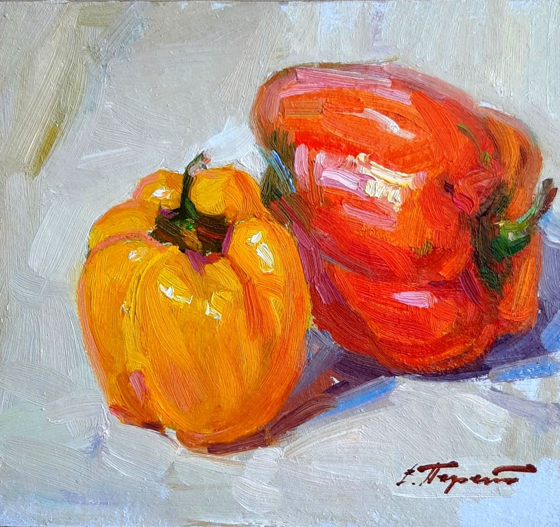 Oli painting Peppers Tepeta Miacheslav: Tep 122 *** ABOUT THIS PAINTING *** * TITLE: "Peppers" * ARTISTS: Tepeta Miacheslav * SIZE: 20?20 cm/'7.87x7.87 inches' * MEDIUM: oil, cardboard * HAND PAINTED: Original painting from our collection *