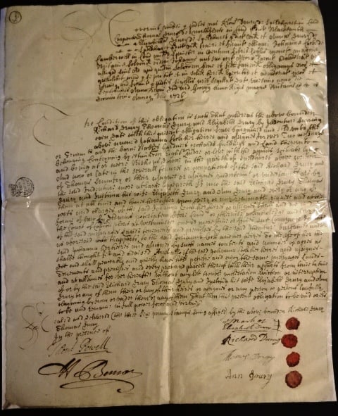1726 English Obligation Bond Drury Family Speldhurst: An attractive English Obligation Bond on paper datd 1726 between members of the Drury family of Speldhurst in the county of Kent. In English and Latin with four red wax seals and embossed revenue stam