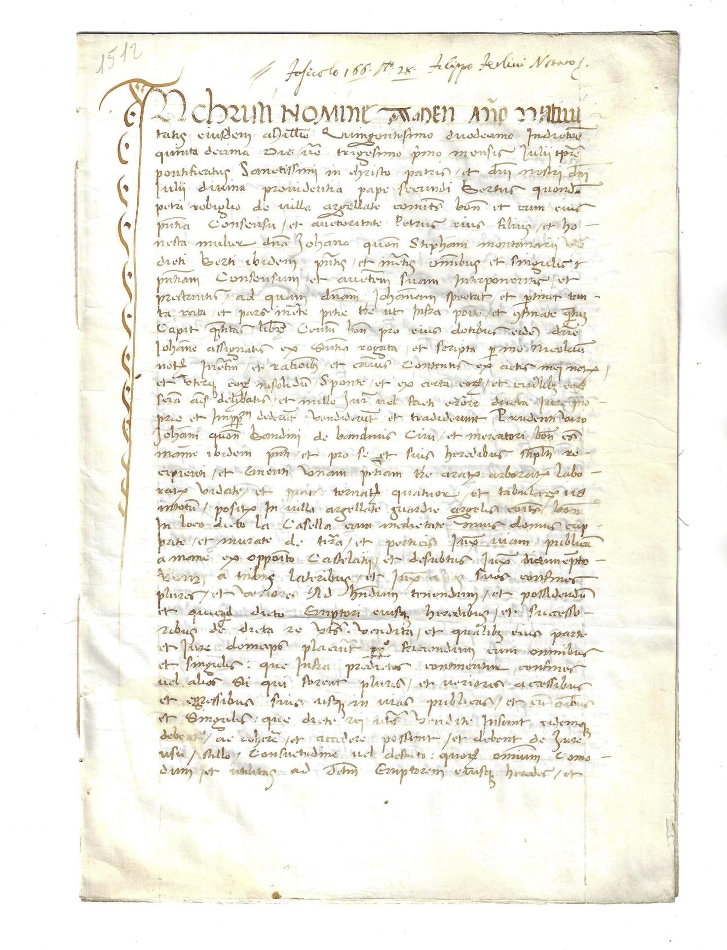 1512 Renaissance Vellum Italian Manuscript: An eight page Italian legal manuscript on vellum dated 1512 during the Renaissance. Decorative opening letter and neatly penned. Dockets on last page including a notarial device. Measures 8 x 12". Fin