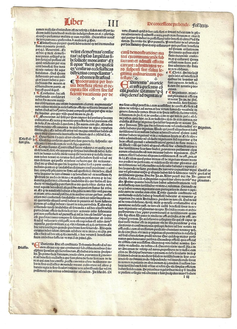 1501 Law Leaf Canterbury Lynewood: A leaf from "Provinciale Seu Constitutiones Anglie", by William Lyndewood, printed at Paris by Andre Bocard in 1501. In red and black, the leaf with Ecclesiastical laws established at Canterbury in th