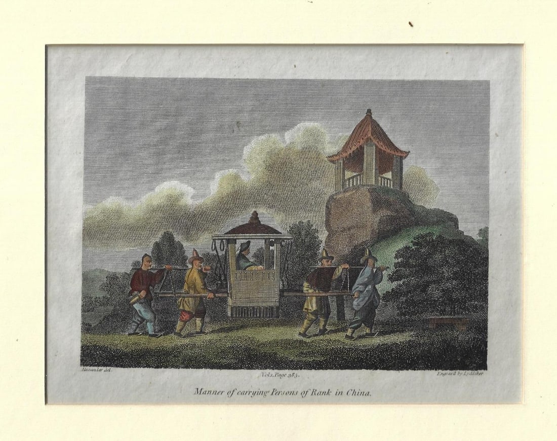 1807 Two Prints China: Two engravings related to China, one handcolored and in matting circa 1807 and the other mid 19th century. The engraving approx 8 x 6", Fine, Reserve: $20.00 Shipping: Domestic: Flat-rate of $10.00 to