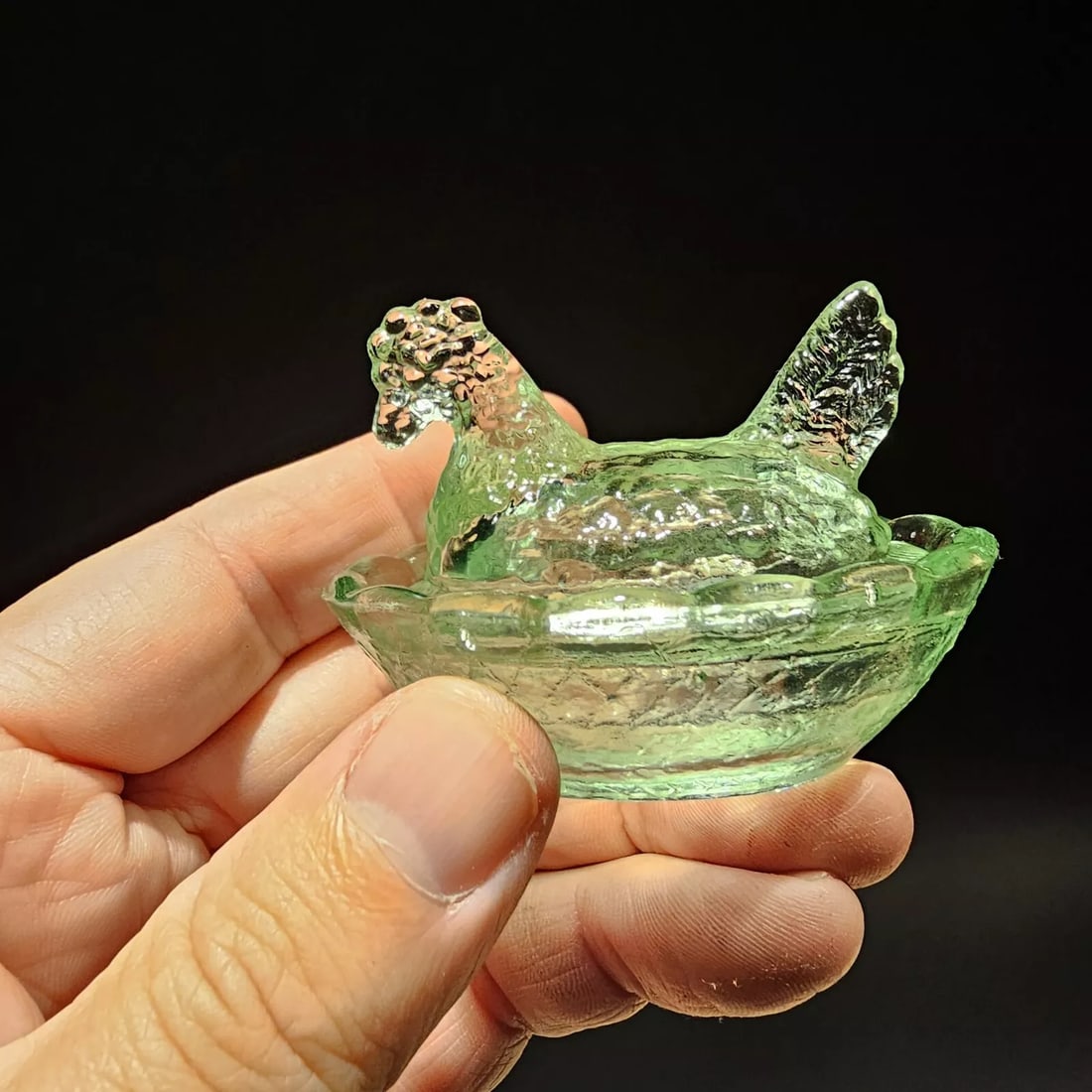 Miniature Green Depression Glass Chicken Hen On Nest Dish (1 of 14)