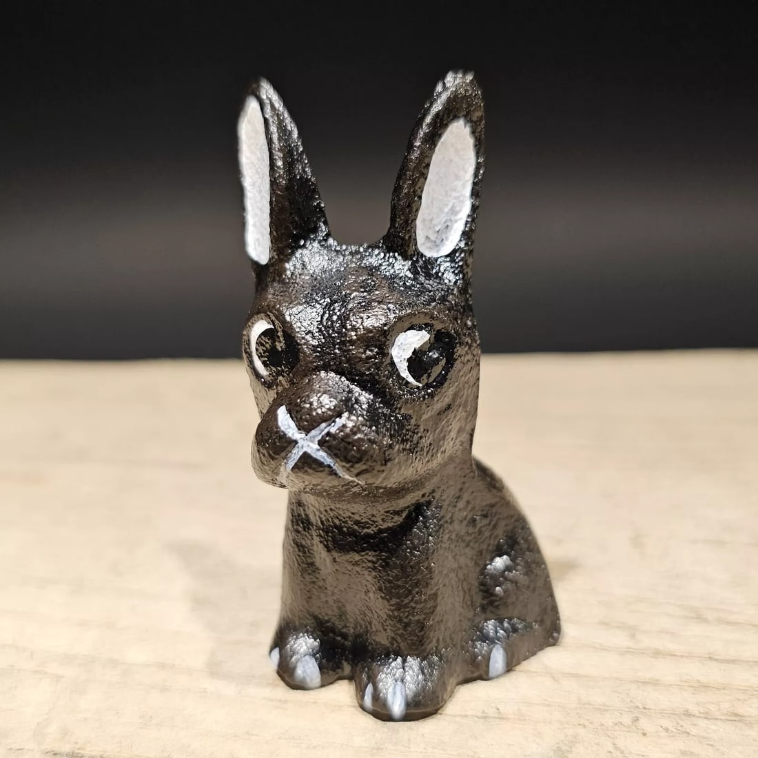 Cast Iron French Bulldog Figure: 2 3/4" Tall x 1 5/8" Wide Wonderful little reproduction cast iron black and white French bulldog. Good detail cast iron hand painted and slightly aged to look like an antique. Certainly hard to tell i