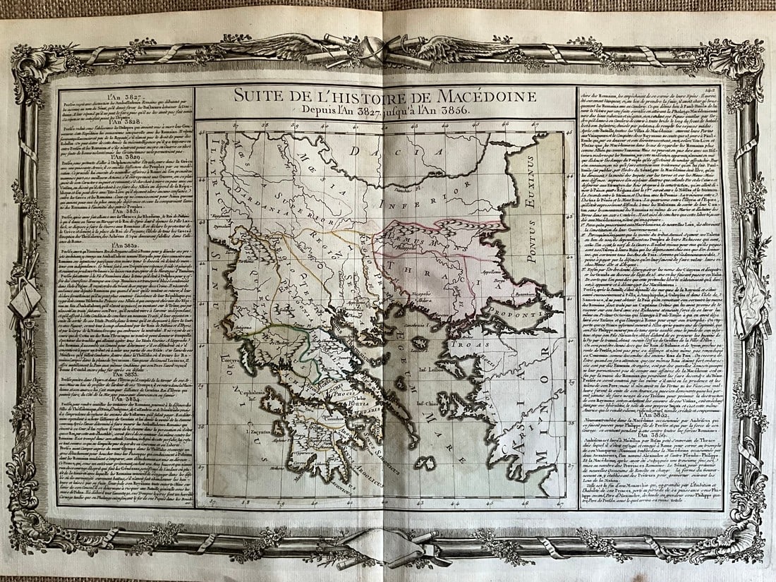 Greece and Balkans with Emphasis on Macedonian History by Mornas, 1762: Title: Greece and Balkans with Emphasis on Macedonian History by Mornas, 1762 Date/Period: 1762 Materials: Hand-colored copperplate engraving Size: 21 3/4 x 15" This 1762 map of Greece and the Balkans