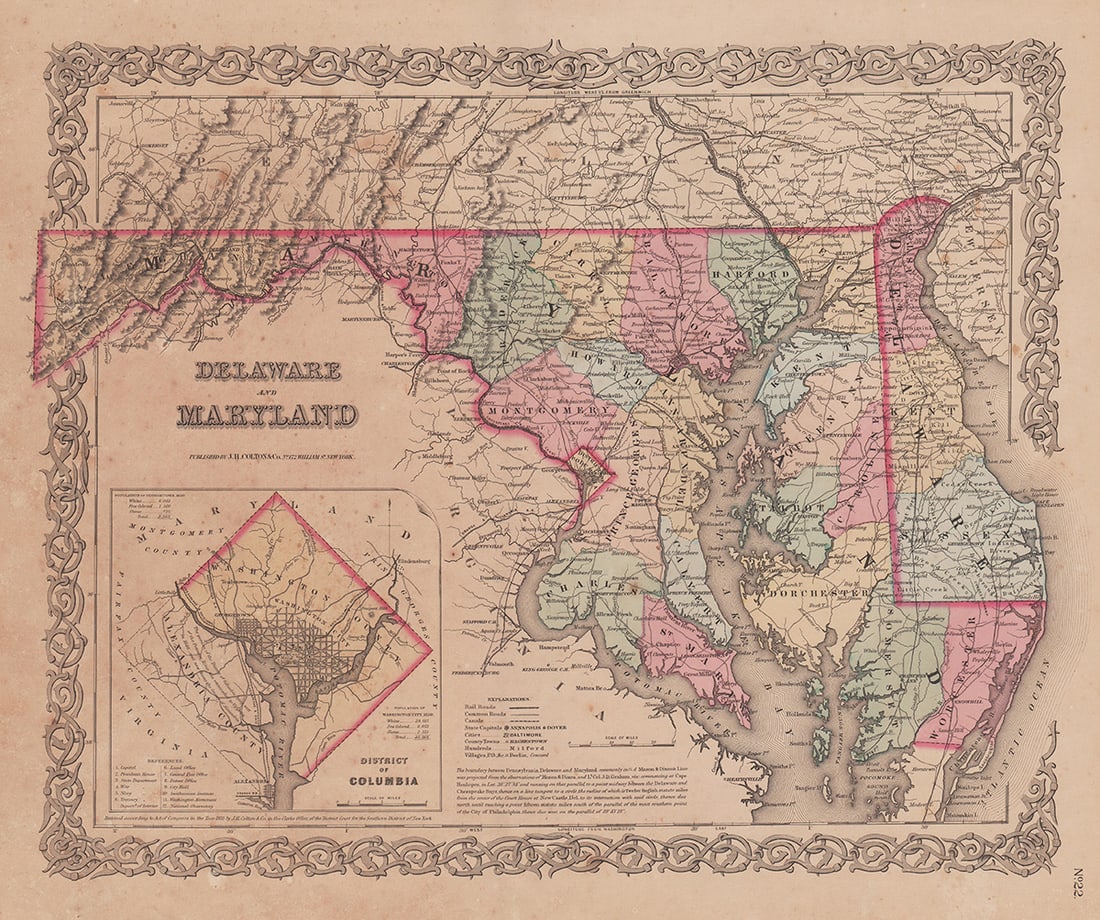 Very scarce 1st ed. map of Delaware and Maryland, Colton 1855 (1 of 6)