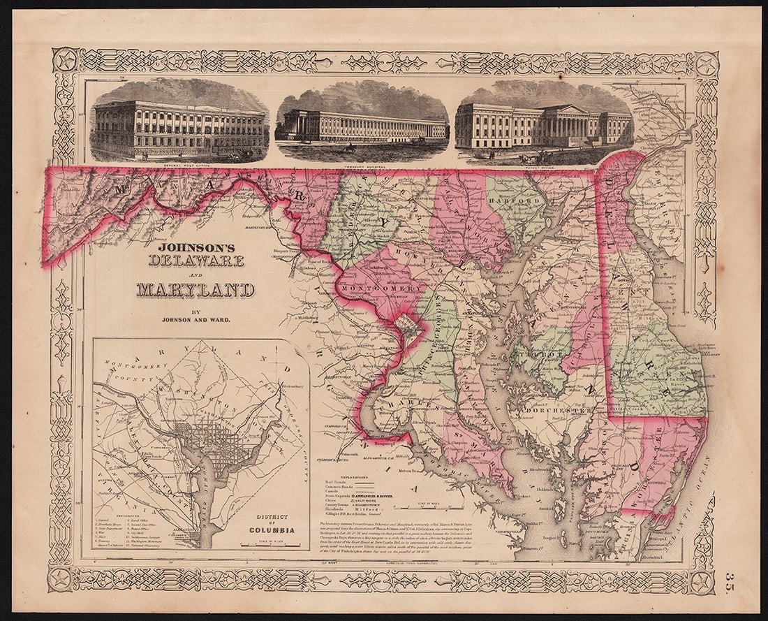 Johnson’s Civil War-era map of Delaware and Maryland: Detailed map of Maryland and Delaware, published in 1863 at the height of the Civil War by Johnson and Ward. This was a strategic area during the war with the Capital being so vulnerable to Rebel forc