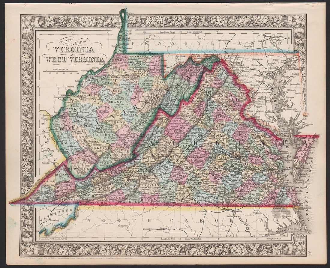 Early RR map W. Virginia along with Virginia, 1864: One of the earlier maps of the new state of West Virginia, here shown recently separated from Virginia. Shows the breadth of Chesapeake Bay from Cape Henry to the mouth of the Susquehanna River. A cur