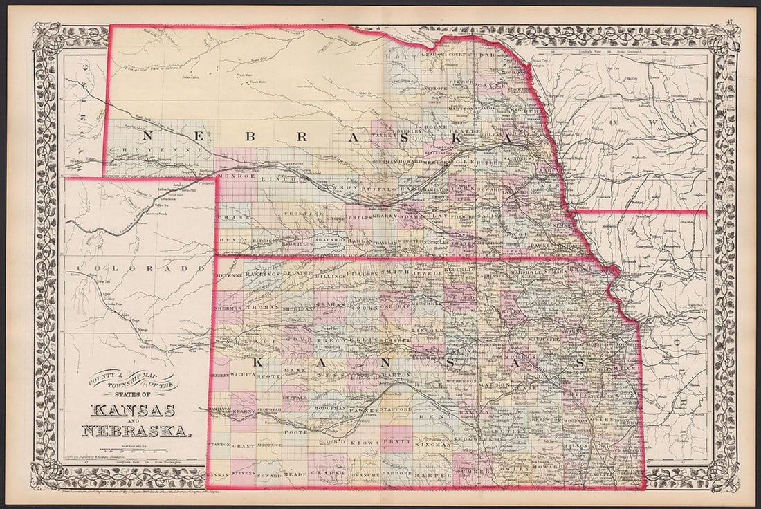 Vintage 2-pg map of Kansas & Nebraska, S. A. Mitchell, Jr.: Authentic detailed vintage map of Kansas and Nebraska, hand-colored by counties. Shows just how different the western development of Nebraska and Kansas were from each other. Kansas shows almost moder