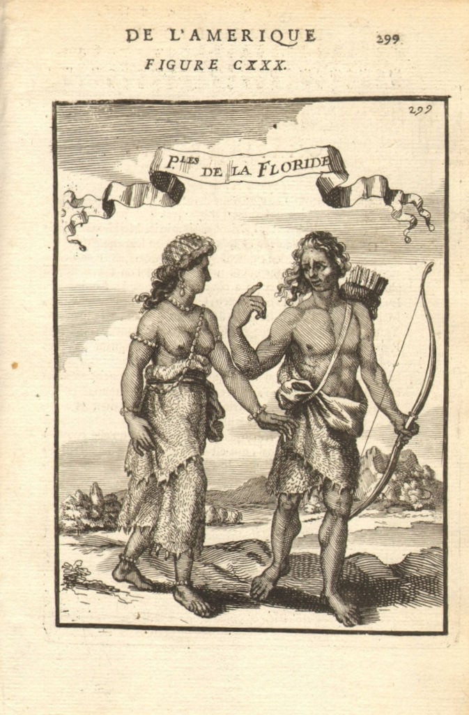 FLORIDA. Native American man & woman. Bow & arrows. MALLET 1683 old print (1 of 1)