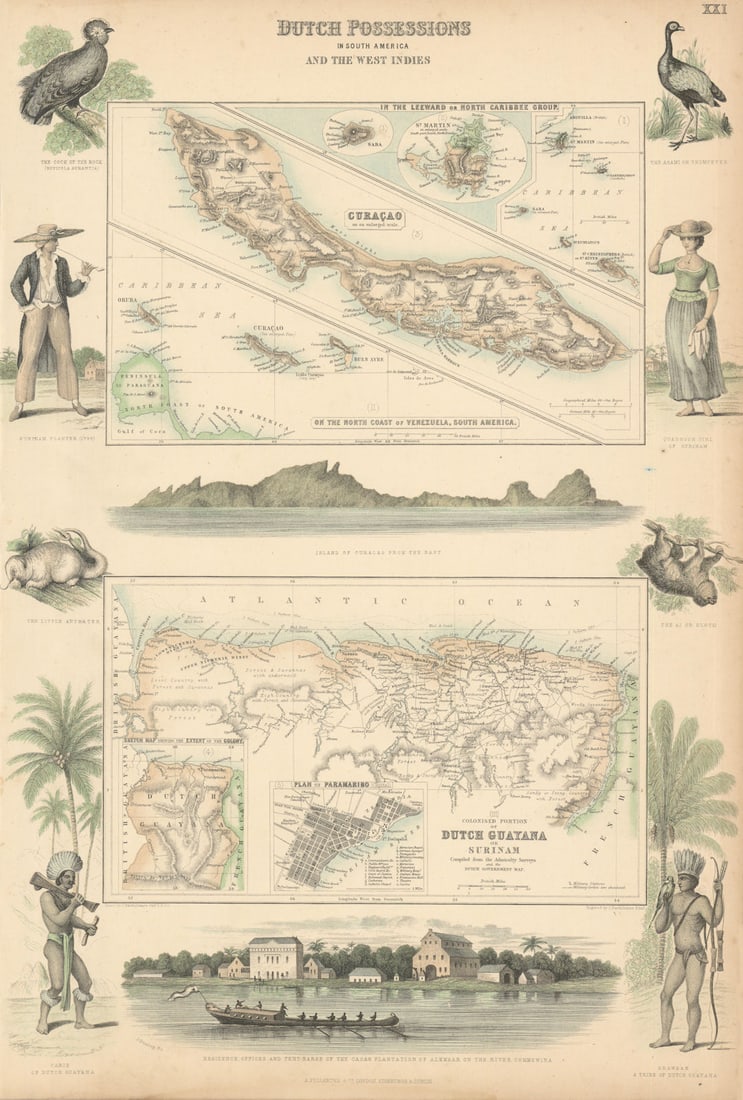 Dutch West Indies & South America. Curaçao Guyana Surinam St. Martin c1863 map: CAPTION PRINTED BELOW PICTURE: 'Dutch Possessions in South America and the West Indies. 1. Curacao. Colonised Portion of Dutch Guyana' From an undated atlas for which the internal evidence of publicat