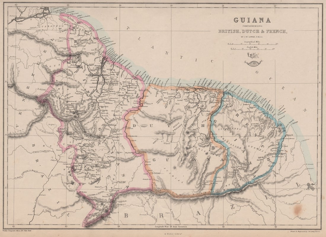 Guiana Comprehending British, Dutch & French' Suriname Guyana. LOWRY 1863 map (1 of 1)