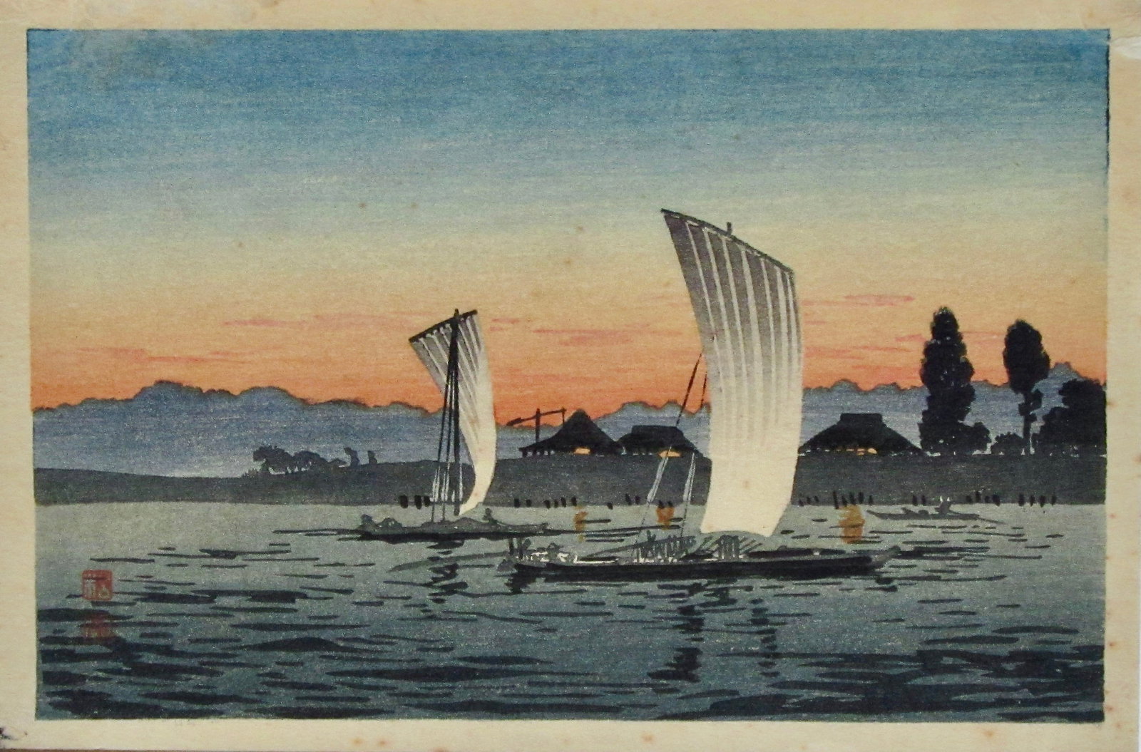 Shotei: Homeward Bound Boats: Artist: Takahashi SHOTEI (1871-1945) Subject: Homeward Bound Boats (S-35) Publisher: Watanabe Signature: Shôtei Date: Before 1936 Format: koban, 15.6 x 10.4 cm Condition: Fine impression and color, r