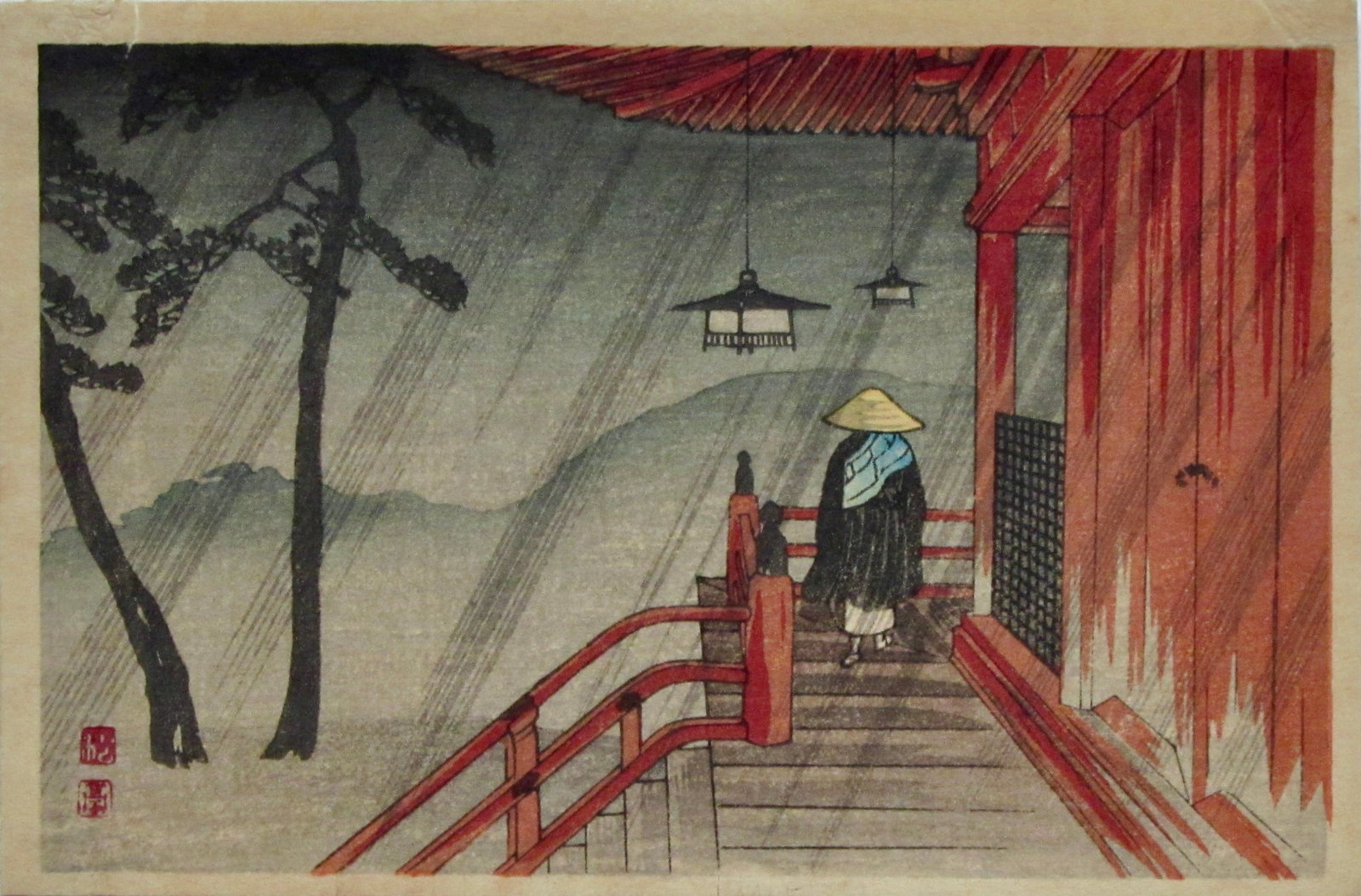 Shotei: Red Temple in Rain: Artist: Takahashi SHOTEI (1871-1945) Subject: Red Temple in Rain (S-7) Publisher: Watanabe Signature: Shôtei Date: Before 1936 Format: koban, 15.6 x 10.4 cm Condition: Fine impression and color, repa