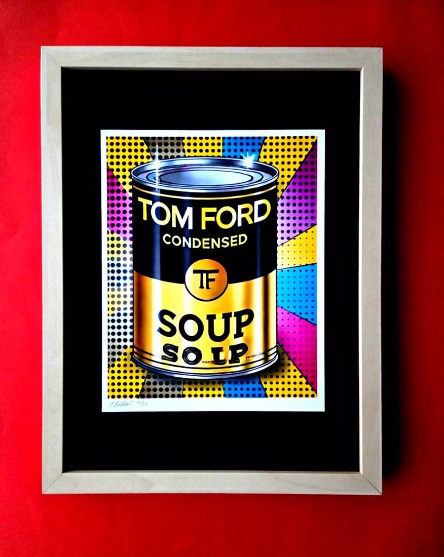 CHIARA BELLINI | TOM FORD CONDENSED SOUP Hand Signed Authentic Print LtdEd COA: In her latest project, Chiara Bellini launched a collection of pop art-inspired soup cans titled Luxury Soup Cans. Inspired by pop art icons like Andy Warhol and his famous soup can series, Bellini re