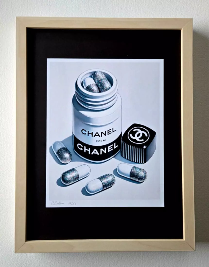Chiara Bellini + "Chanel Comfort Pills" Original Hand Signed Print Ltd Ed COA: Chanel Comfort Pills by Chiara Bellini Series: Shopping Therapy Artist: Chiara Bellini Title: Chanel Comfort Pills Edition: Limited edition of 50 Size: 17x13in Framed Medium: Gicl?e print on high-qual