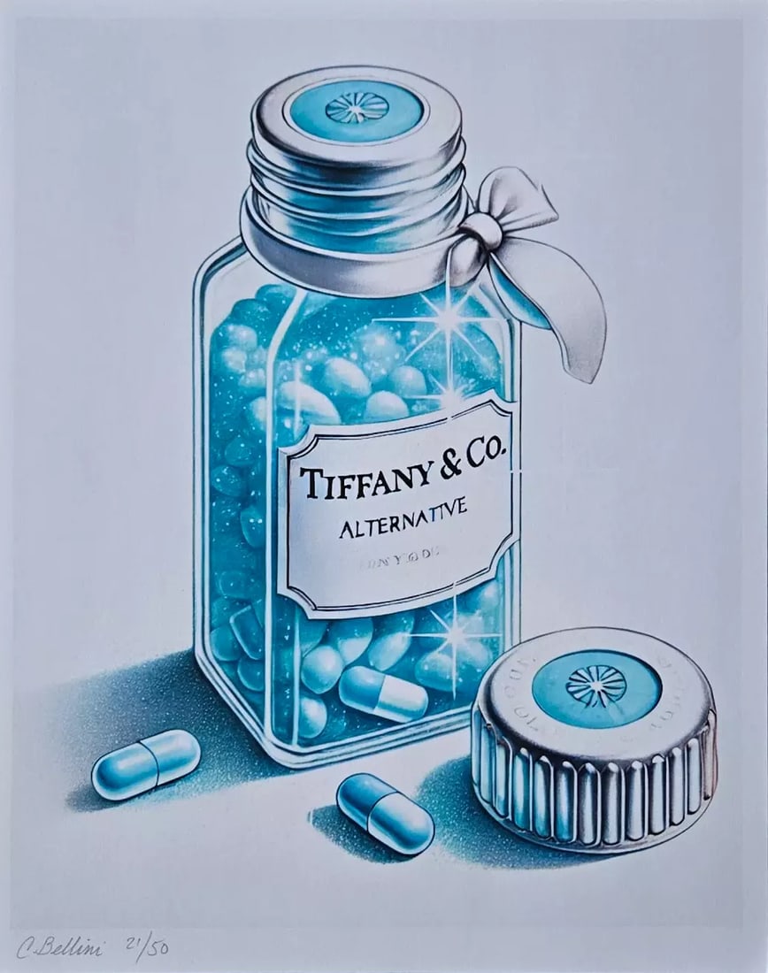 CHIARA BELLINI | TIFFANY'S COMFORT PILLS Hand Signed Authentic Print with COA: In her latest project, Chiara Bellini launched a collection of pop art-inspired soup cans titled Luxury Soup Cans. Inspired by pop art icons like Andy Warhol and his famous soup can series, Bellini re