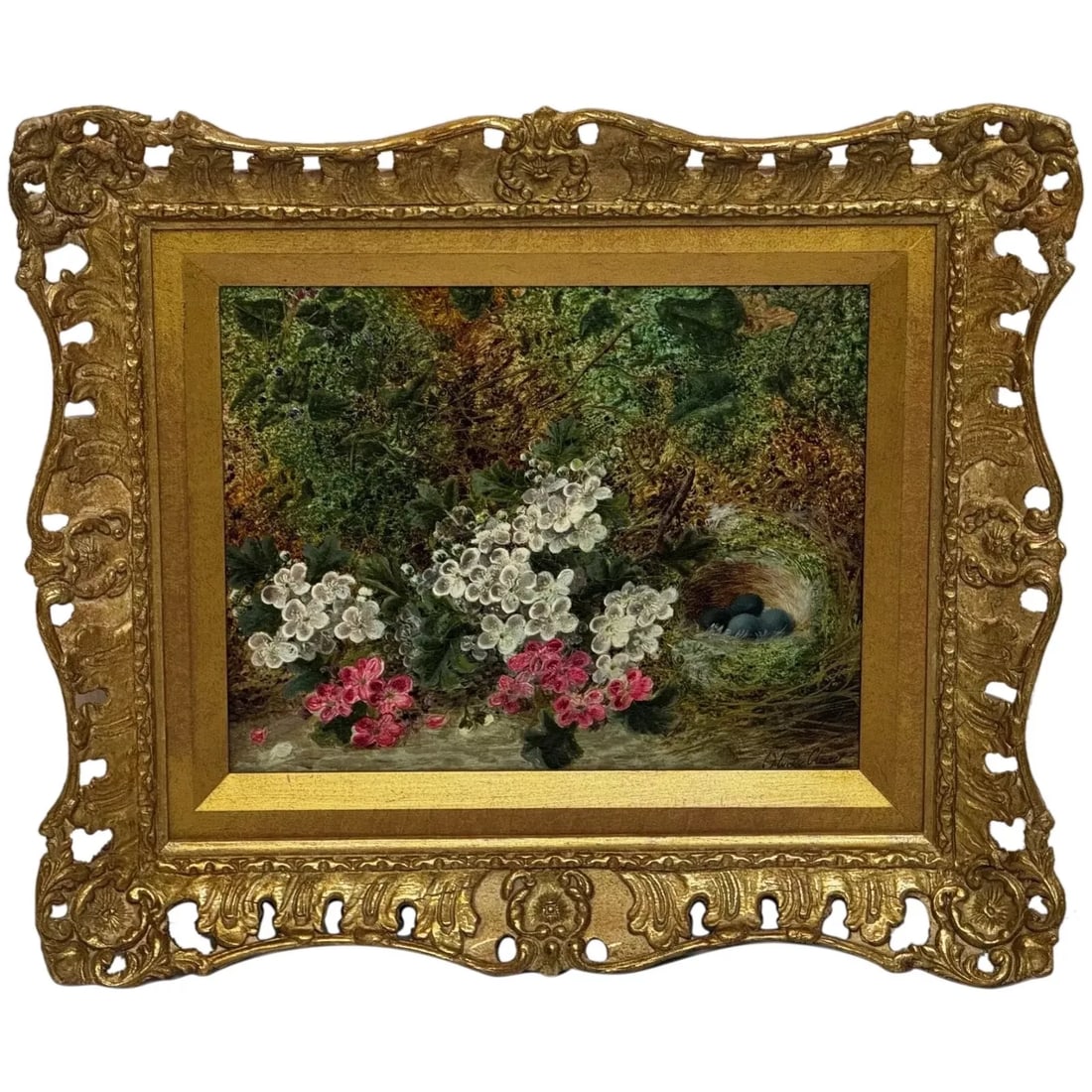 Oil Painting Blossom Flowers Starling Bird Eggs Nest Mossy Bank By Oliver Clare: British Antique Victorian Fine Art Oil Painting Blossom Flowers With Starling Bird Eggs Nest Mossy Bank By Oliver Clare. Impress your clients & guests in your office or home with this stunning still l