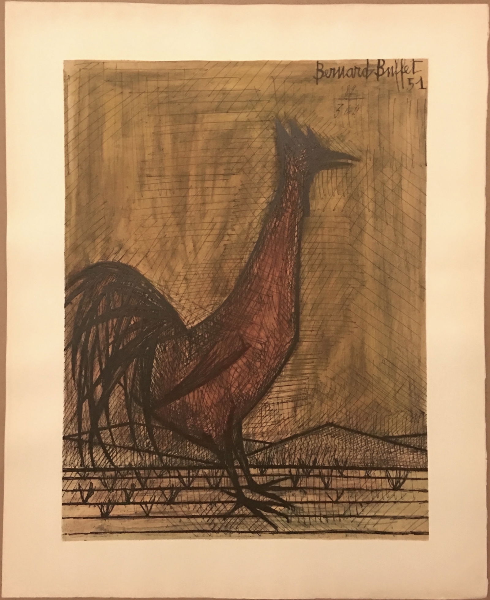 Bernard Buffet: Rooster: Artist: Bernard Buffet Title: Rooster Date/Period: 1951 Type: Work on paper Medium: Lithograph on Arches paper Dimension: 22 x 17 inches Signed & Dated: Signed and dated in plate; numbered in pencil R