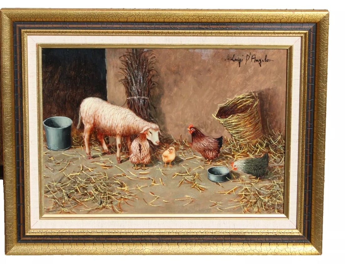 Luigi D'Angelo Barn Scene with a Lamb and Three Chickens oil painting (1 of 4)