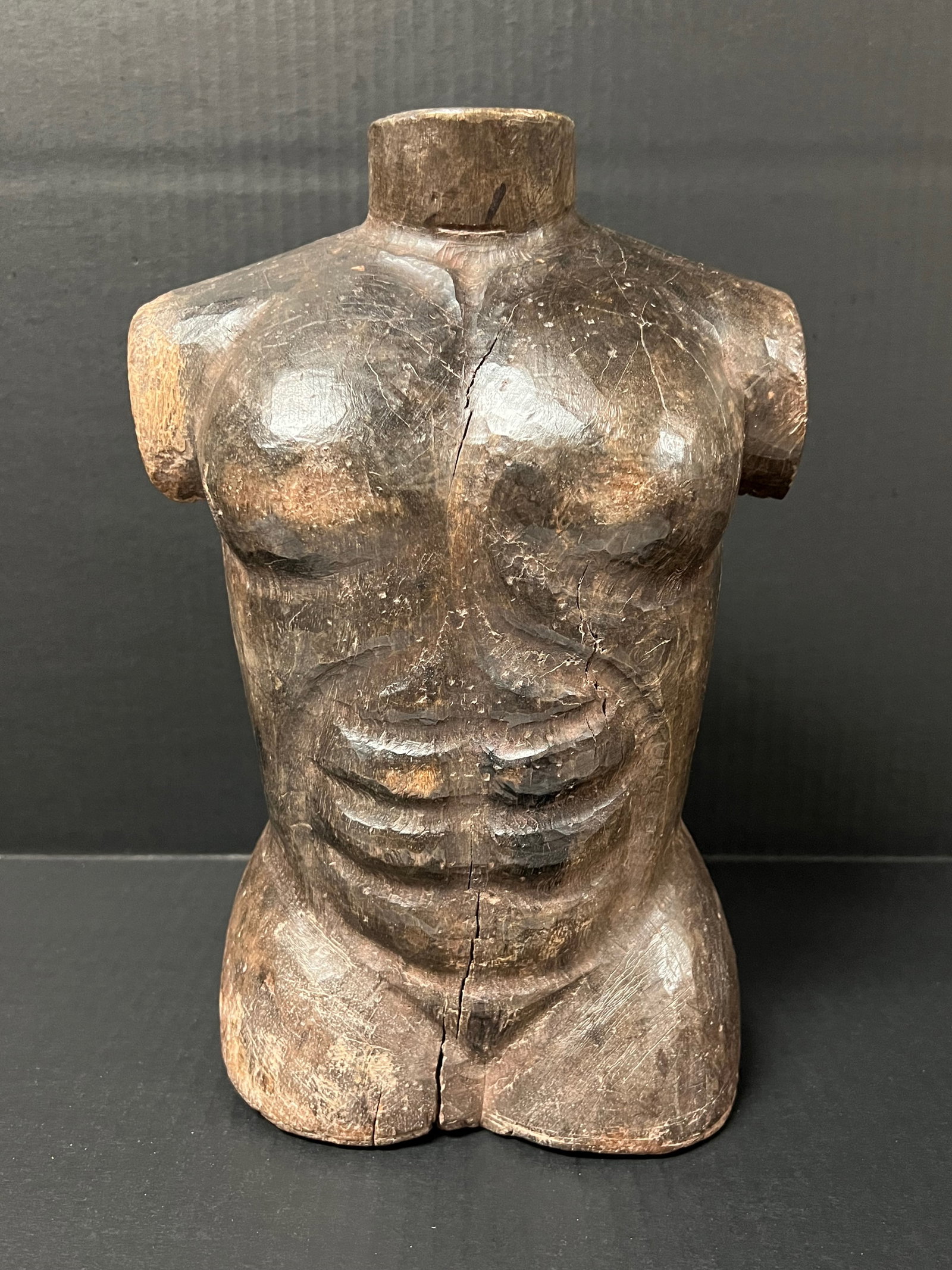 Male Torso Sculpture: Title: Male Torso Sculpture Date/Period: Late 20th Century Dimension: 12" h x 8" w Material: Wood Additional Information: Philippine Art Carved Wood Paper Mache Mold Male Torso Sculpture Reserve: $120