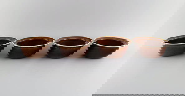 Stig Lindberg for Gustavsberg. Four Coq bowls in glazed stoneware. Beautiful glaze in brown shades.: Stig Lindberg for Gustavsberg. Four Coq bowls in glazed stoneware. Beautiful glaze in brown shades. Swedish design, 1960s. Measures: 16 x 6.5 cm. In excellent condition. Stamped. Reserve: $175.00 Ship