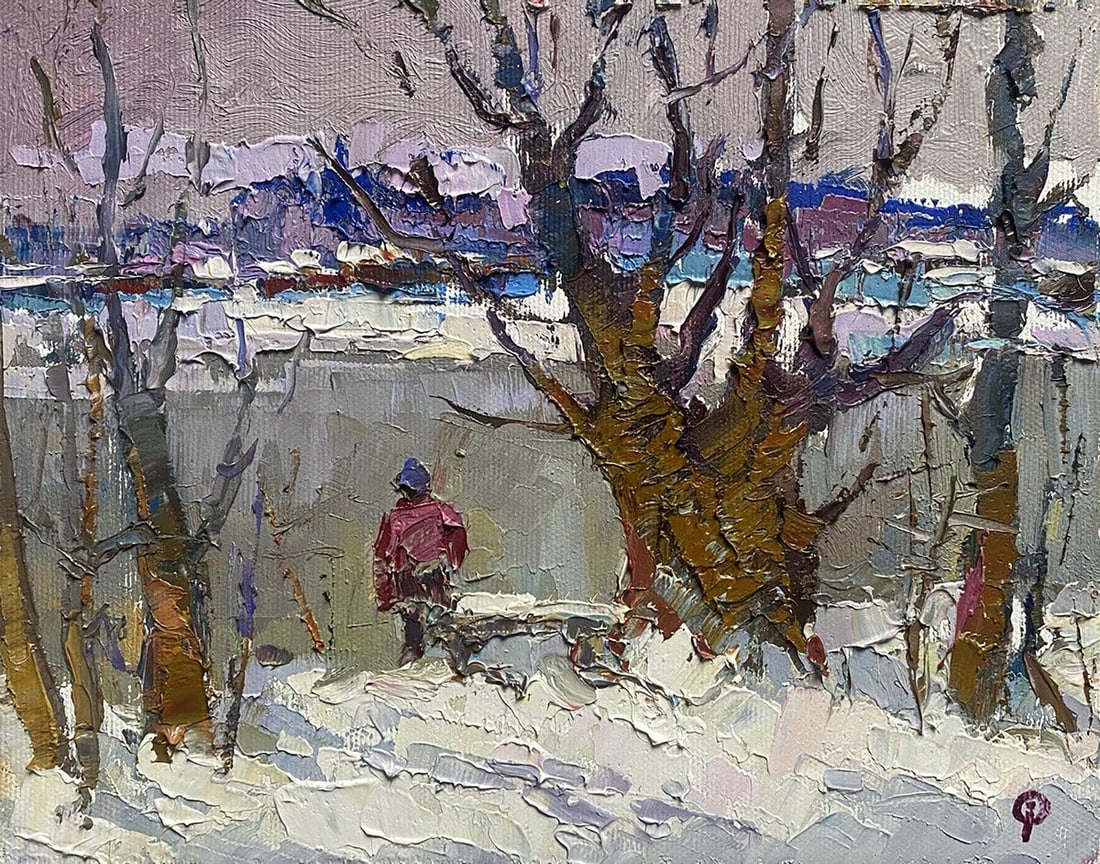 Oil painting Thaw Oksana Kalenyuk: №Kalen 1283 "Thaw" is an evocative oil painting that portrays the subtle shift from winter to spring, as captured in a moment of transition within a natural landscape. The artist has used a rich