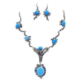 Antique Victorian Persian Turquoise Necklace Earrings Set Diamond Silver