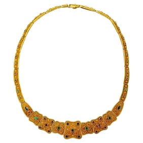 Vintage Textured Yellow Gold Gemstones Collar Necklace