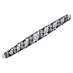 Victorian Natural Pearl Diamond Tie Pin in Silver and 14k Yellow Gold GIA Report