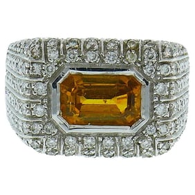 Vintage Yellow Sapphire Diamond 18k White Gold Ring Italy