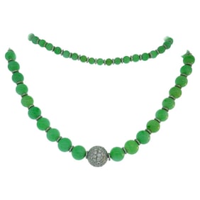 Vintage Jade Bead Necklace with Diamond 14k White Gold Rondelles and Clasp