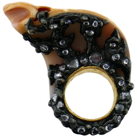 Shell Diamond Blackened Gold Ring