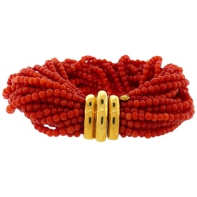 Verdura Coral Bead Multi Strand Bracelet with Yellow Gold Clasp