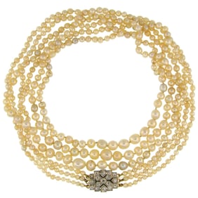 Victorian Natural Saltwater Pearl Necklace with Diamond Clasp