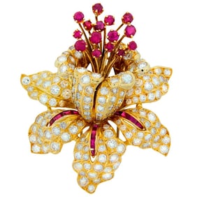 RENE BOIVIN Diamond Ruby & Yellow Gold Tremblant Brooch Pin