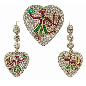 c.1930's Indian Epic Motif Diamond Gems Platinum Gold Earrings and Pin Set