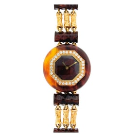 Boucheron Lady's Yellow Gold, Bakelite and Diamond Bracelet Watch circa 1970s