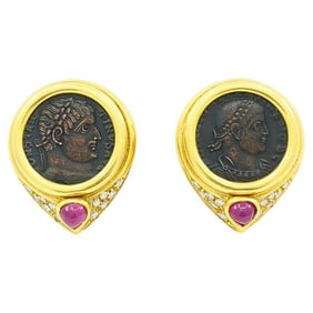 Ancient Coin 18k Gold Earrings Ruby