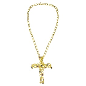 Vintage Jean Mahie 22k Gold Gemstone Cross Pendant Necklace