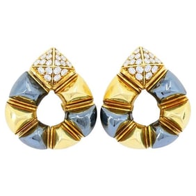 Vintage Bulgari 18k Gold Hematite Diamond Clip Earrings
