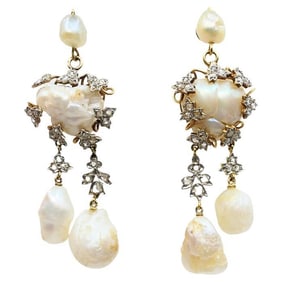 Vintage 14k Gold Baroque Pearl Diamond Dangle Earrings