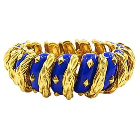 David Webb 18K Gold Bracelet Blue Enamel