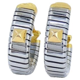 Vintage Bulgari 18k Gold Stainless Steel Tubogas Hoop Earrings