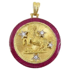 Capricorn Pendant Vintage 18k Gold Enamel Diamond
