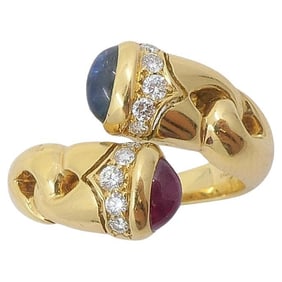 Bulgari Doppio Cuore Bypass Ring Gold Diamond Gemstones